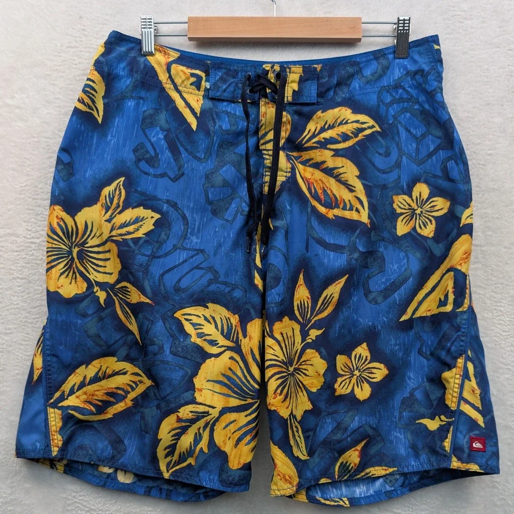 VTG Quiksilver Board Shorts Mens 35 Blue Yellow Floral Hibiscus Surf Relaxed Y2K